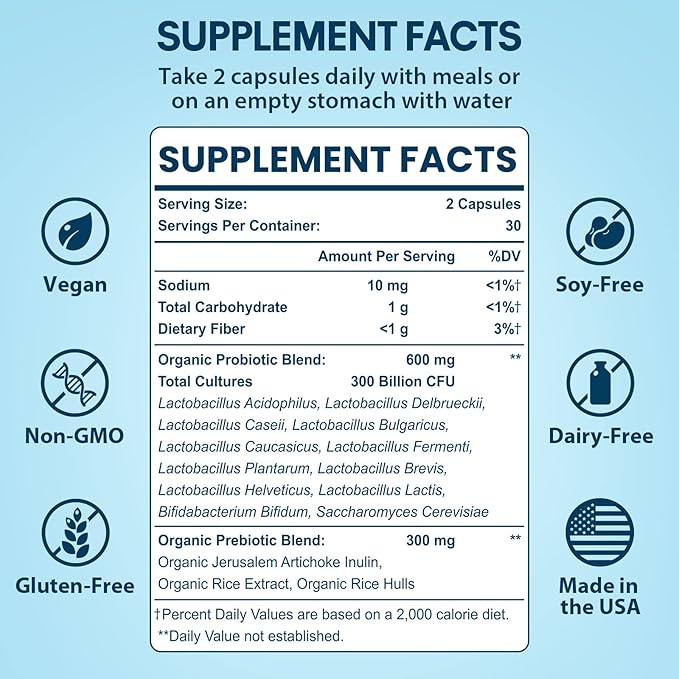 Probiotics for Women & Men, 300 Billion CFU Probiotics from 12 Strains + Organic Prebiotics Blend for Daily Digestive, Immune, Gut, Bloating, Gut Health for Women & Men, Shelf Stable - 60 Capsules