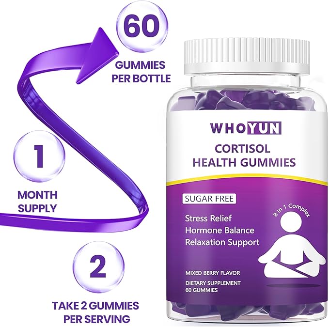 Cortisol Supplement Gummies for Women, Lower Cortisol with Phosphatidylserine Ashwagandha Magnesium, Stress Relief, Vegan Sugar Free, 60 Count