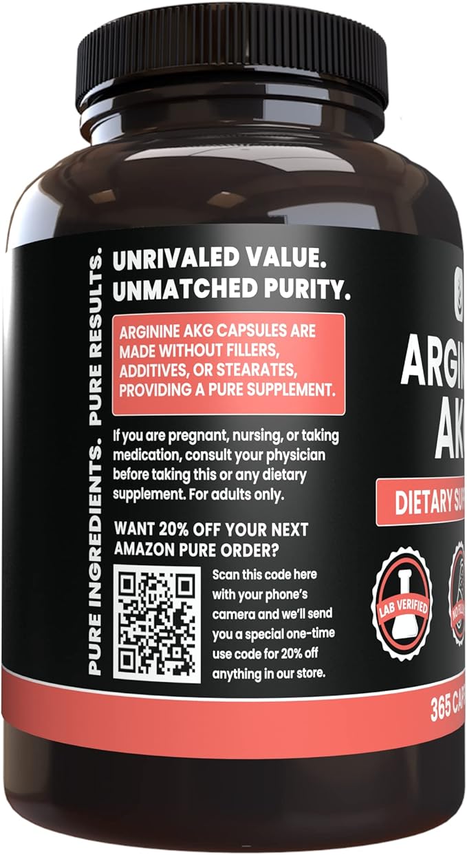 PURE ORIGINAL INGREDIENTS Arginine AAKG (365 Capsules) No Magnesium Or Rice Fillers, Always Pure, Lab Verified