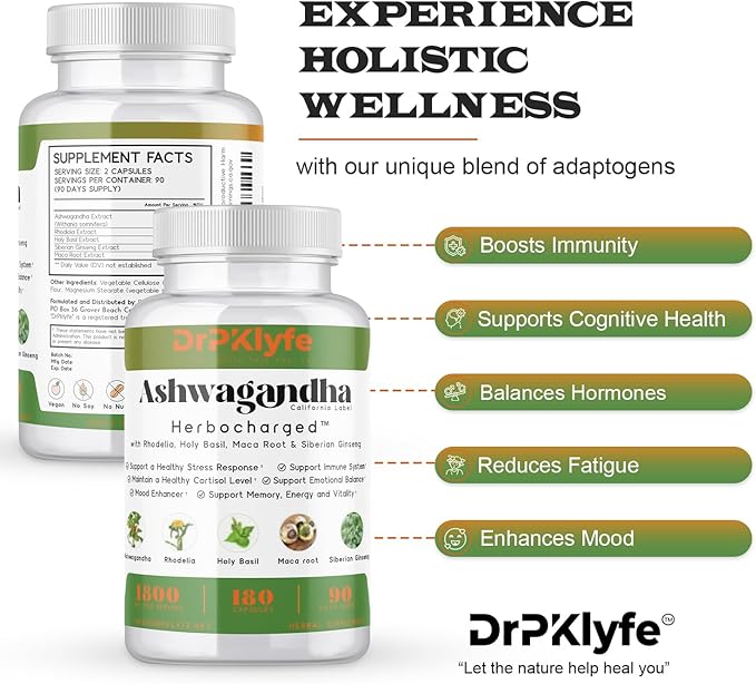 Ashwagandha Complex 5-1 Blend with Rhodiola Rosea Supplement, Maca Root, Holy Basil, Siberian Ginseng for Stress Relief, Focus, Sleep, Energy, Vitality - 180 Capsules
