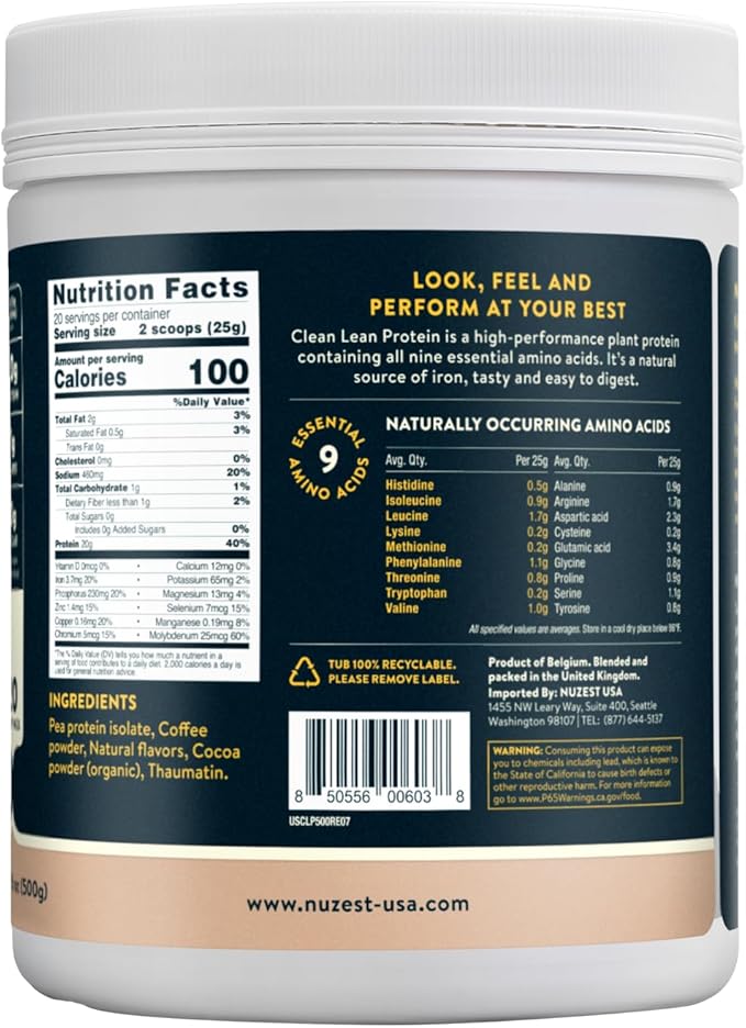 Nuzest - Pea Protein Powder - Clean Lean Protein, Premium Vegan Plant Based Protein Powder, Dairy Free, Gluten Free, GMO Free, Protein Shake, Real Coffee, 20 Servings, 1.1 lb