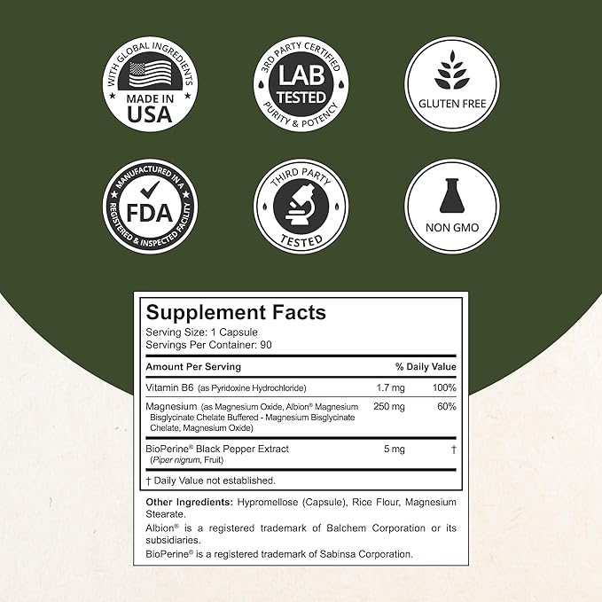Magnesium Glycinate Chelate Complex with Albion Magnesium Bisglycinate Chelate, Magnesium Oxide, Vitamin B6 & BioPerine for Bone, Muscle, Natural Sleep, Nerve Function, Brain Booster - 90 Days Supply