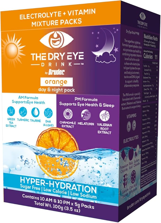 l Ultimate Hydration for Dry Eyes l Sugar-Free Electrolyte Powder Packets l Blended with Vitamins, Green Tea, Turmeric, Taurine, and DHA l 5g x 20 Packets (Orange AM/PM)