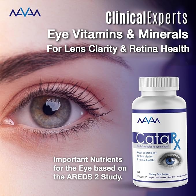 Navan CataRx Antioxidant AREDS 2 Eye Vitamins & Minerals Supplement for Lens Clarity & Retina Health by Clinical Experts - Lutein, Zeaxanthin, Zinc, Vitamin C, NAC - Kosher Certified, 60 Capsules