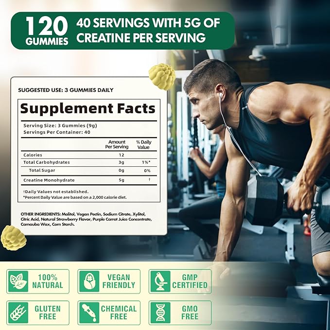Creatine Monohydrate Gummies for Men & Women, Creatine Monohydrate for Muscle Strength, Muscle Builder, Energy Boost, Pre-Workout Supplement(120 Count)-Pineapple Flavor