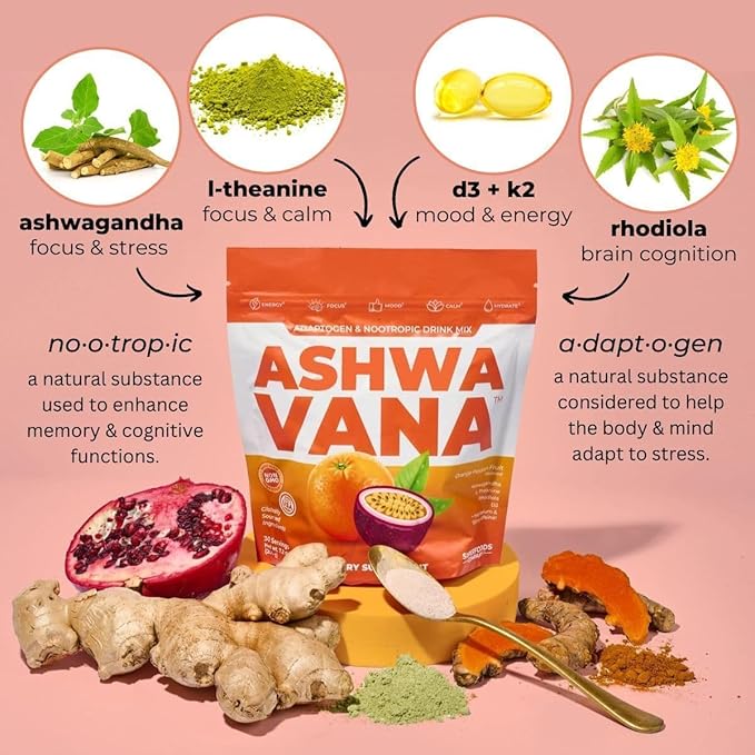 Ashwavana Ashwagandha & Vitamin D Drink Mix With L-Theanine, K2, Rhodiola, 100MG Time-Release Caffeine - Orange Passion Fruit Flavor. America's #1 Ashwa Drink