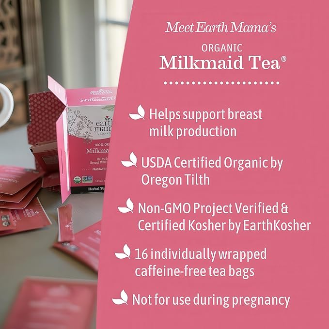 Earth Mama Organic Milkmaid® Tea | Lactation Support Herbal Tea Bags for Breastfeeding, Decaf Lactation Supplement for Increased Breast Milk Production, With Milk Thistle & Fenugreek (16-Count, 2PK)