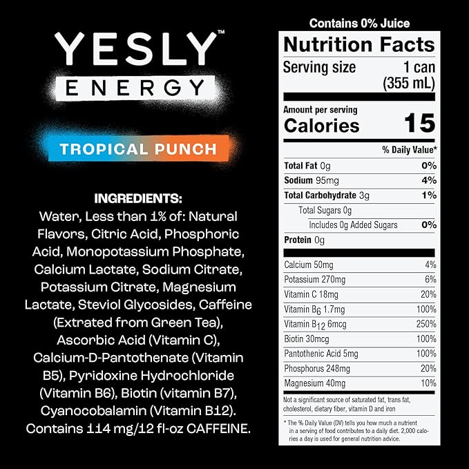 Yesly Energy Drink, Tropical Punch, Naturally Flavored Sparkling Energy Water With Electrolytes, Magnesium, Potassium, Vitamin C, B6 & B12, Natural Caffeine From Green Tea, 12 Fl Oz Cans, 12 Pack