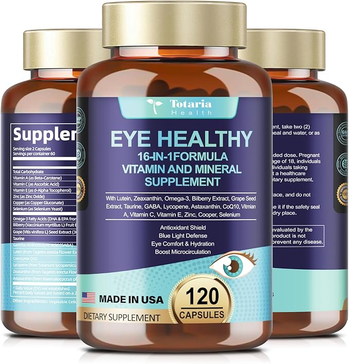 AREDS 2 Eye Vitamins and Mineral, Bilberry Extract, Omega-3, Eye Vitamins for Seniors Macular Health and Dry Eye, Eye Vitamins Lutein and Zeaxanthin Support Eye Strain & Hydration (120 Capsules)
