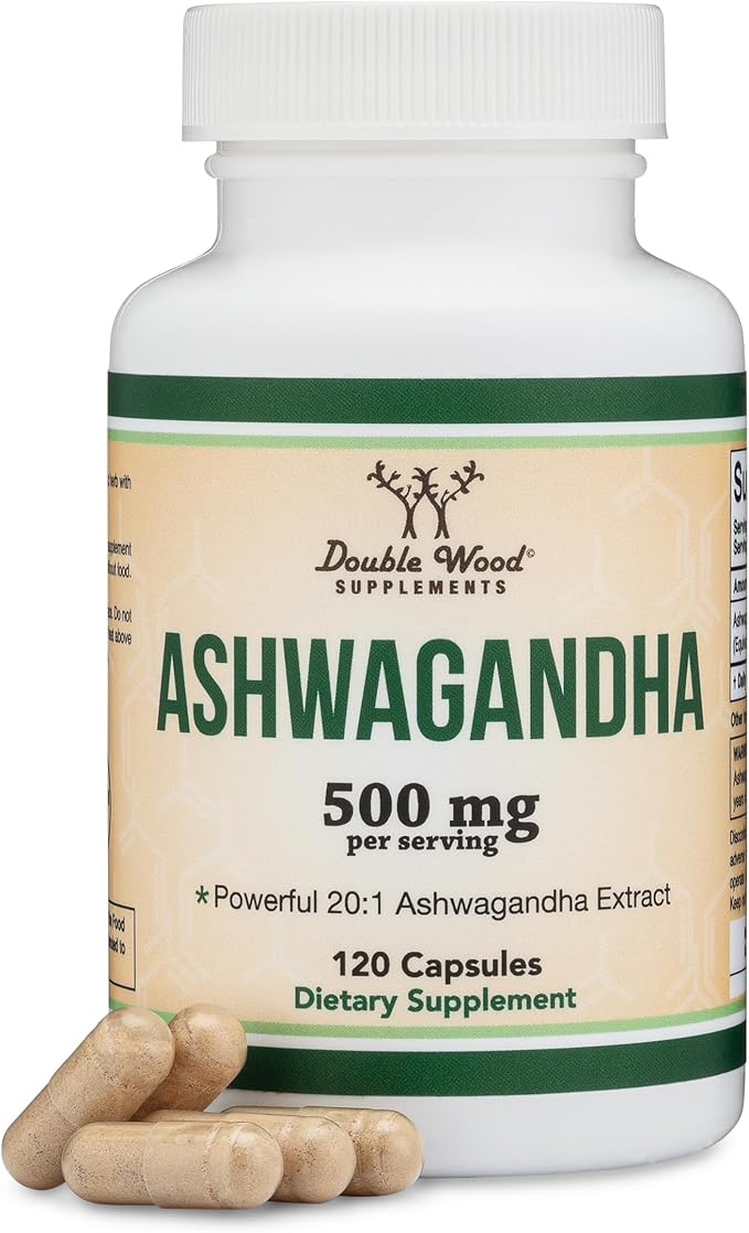 Ashwagandha Capsules, 120 Count (500mg Extract 20:1 Potency) Adaptogen Stress Relief by Double Wood