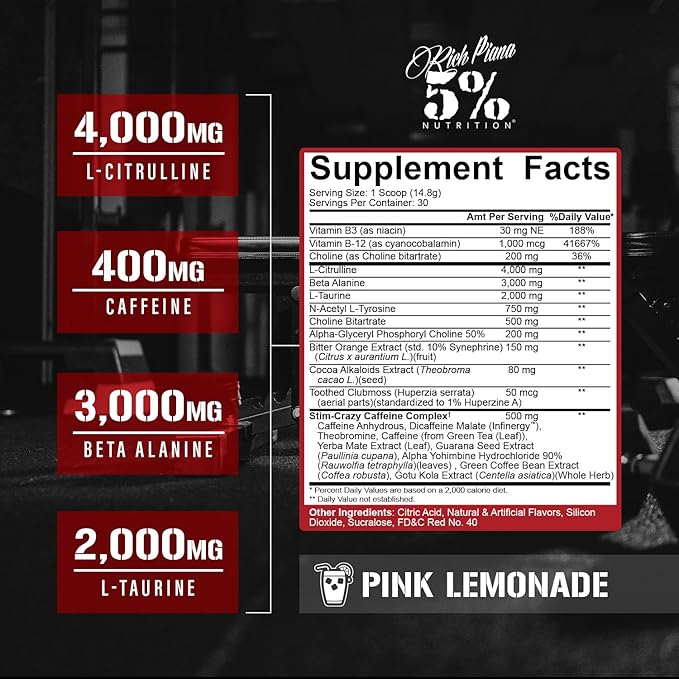 5% Nutrition Rich Piana 5150 High Stim Pre-Workout Powder | Extreme Energy, Focus, Pumps & Endurance | 400 mg Caffeine, Citrulline, Beta Alanine, N-Acetyl L-Tyrosine | 30 Srvgs (Pink Lemonade)