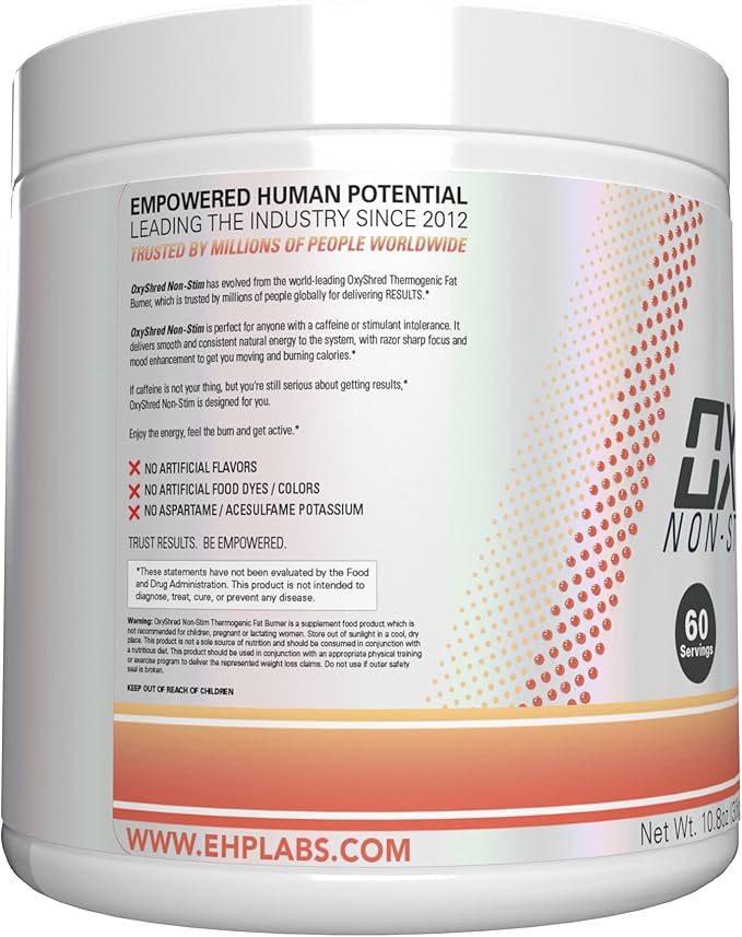EHP Labs OxyShred Non Stimulant Pre Workout Powder - Stim Free Pre Workout, Caffeine Free Preworkout for Men & Women with L Glutamine & Acetyl L Carnitine - Peach, 60 Servings