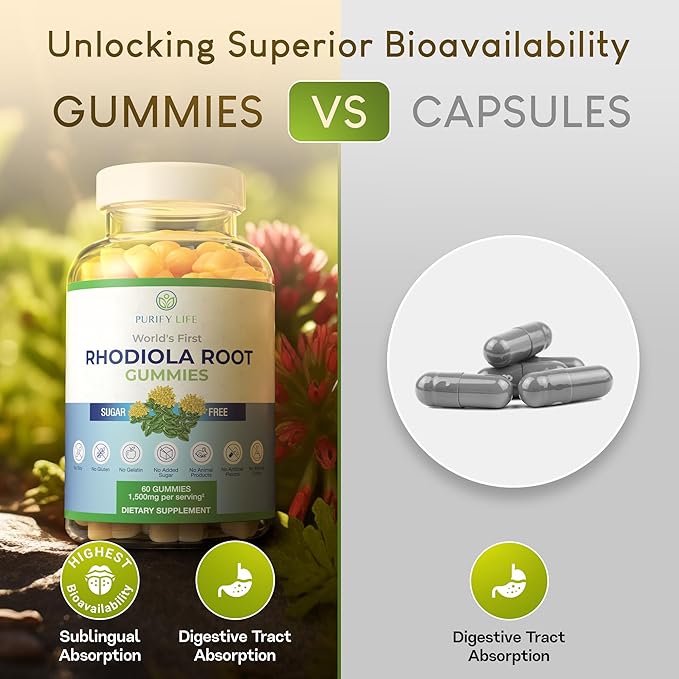 Purify Life Sugar-Free Rhodiola Rosea Gummies (1500mg/Serving) Cortisol Detox & Adrenal Support Supplement - Adaptogenic Rhodiola for Mood, Motivation, Stamina & Performance, Non-GMO, 60 Vegan Chews