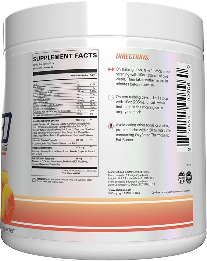 EHP Labs OxyShred Non Stimulant Pre Workout Powder - Stim Free Pre Workout, Caffeine Free Preworkout for Men & Women with L Glutamine & Acetyl L Carnitine - Peach, 60 Servings