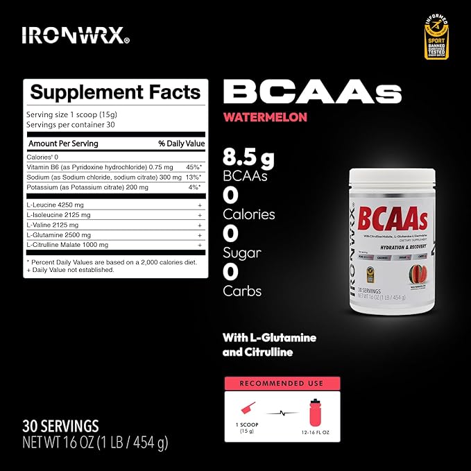 BCAA Powder | Watermelon Flavor | 30 SERVINGS | Zero Sugar | 2:1:1 Leucine, Valine, and Isoleucine Ratio with Citrulline Malate and L-Glutamine | Muscle Growth, Recovery, and Soreness Support