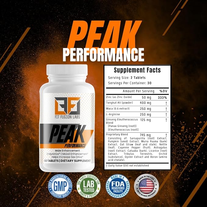 Peak Performance Natural Male Enhancement & Energy Booster – Tongkat Ali, Maca, Zinc & Ginseng – Supports Stamina, Strength & Recovery – 60 Tablets