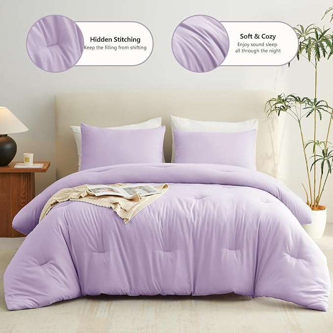 CozyLux Lavender Purple Comforter Set Queen Size, 3 Pieces Solid Breathable Quilted Boho Style Bedding Sets, Luxury Fluffy Soft Microfiber Comforter for All Season(1 Comforter & 2 Pillowcases)