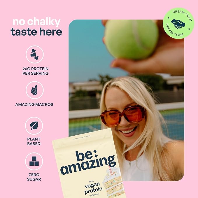 BEAM Be Amazing Vegan Protein Powder | 20g Plant-Based Protein with Prebiotics Fibers | Sugar-and-Gluten-Free Shake Mix, Low Carb, Non-Dairy Funfetti Smoothie | Birthday Cake, 25 Servings