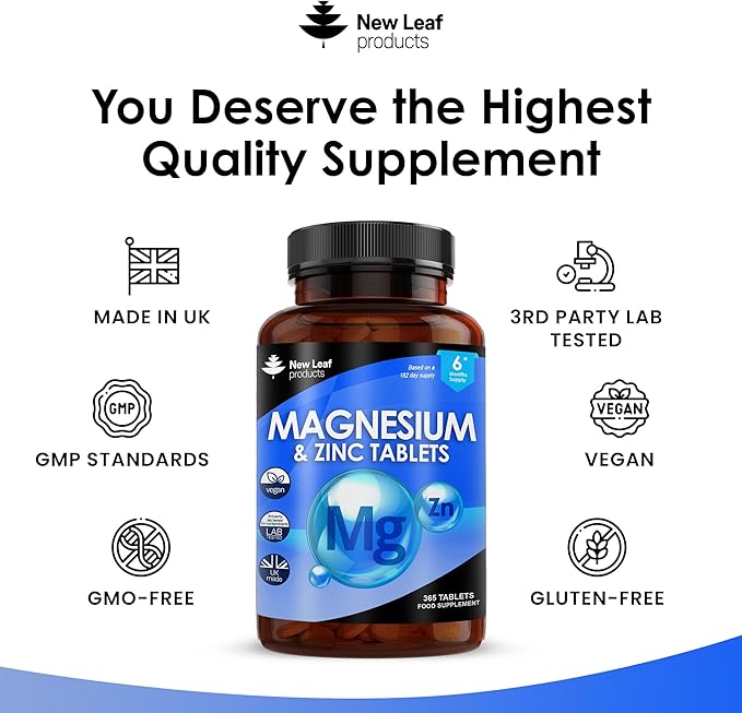 Magnesium Supplement Magnesium and Zinc Supplement (6 Months Supply) High Absorbency Magnesium & Zinc - Muscle Bones & Healthy Immune Function - Vegan, Non-GMO, Gluten-Free - 365 Small Tablets