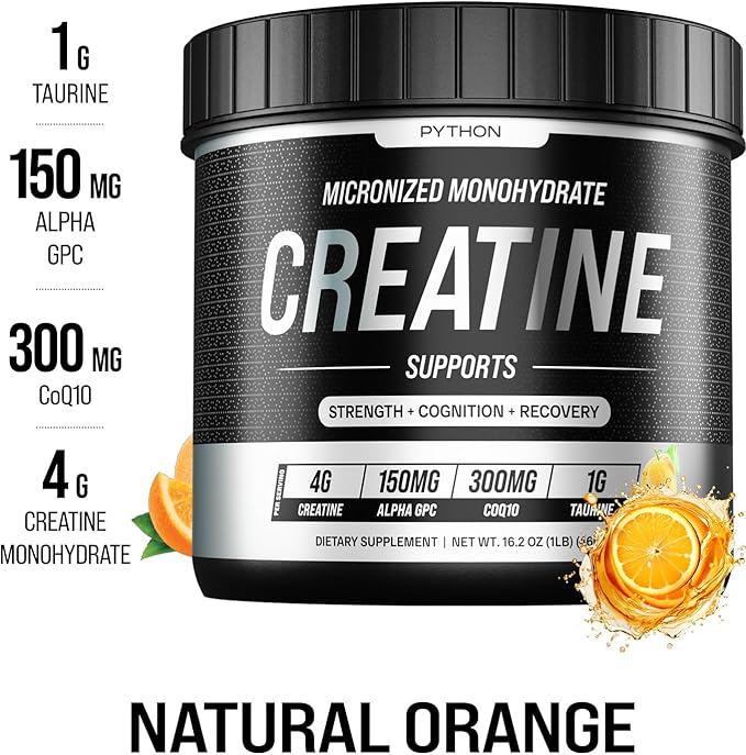 Python Creatine Monohydrate Gummies 5800mg per Serving - Taurine, Alpha GPC, CoQ 10, Magnesium Electrolytes & Vitamins - Faster Muscle Growth, Recovery - Gluten-Free, Vegan (Natural Orange, 120 Count)