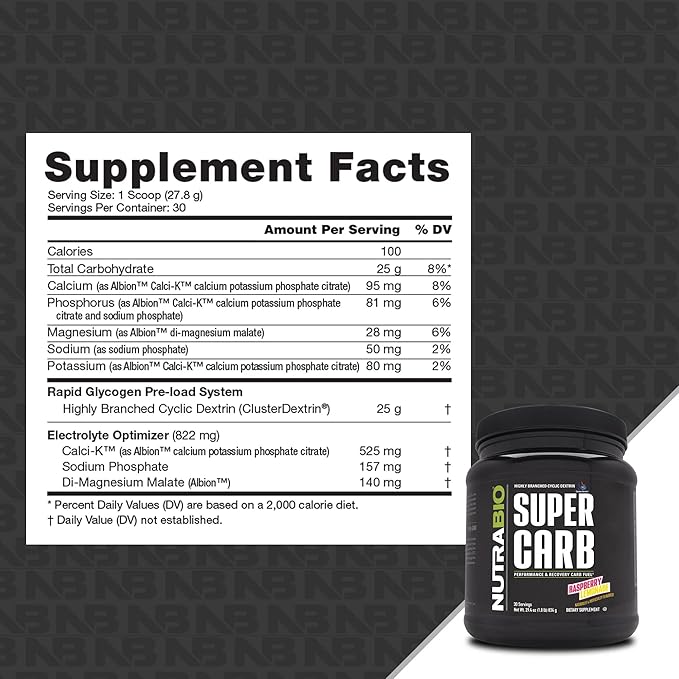 NutraBio Super Carb - Complex Carbohydrate Supplement Powder - Cluster Dextrin and Electrolytes for Performance Enhancement & Muscle Recovery - Raspberry Lemonade, 30 Servings