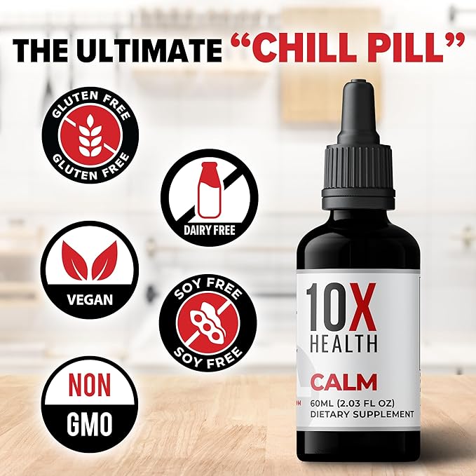 10X Health Calm GABA L-theanine Supplement Liquid Drops - 100mg L Theanine Drops & 100mg GABA Supplements to Support Nerves, Calm & Stress - Natural Flavor 2.03 Fl oz.