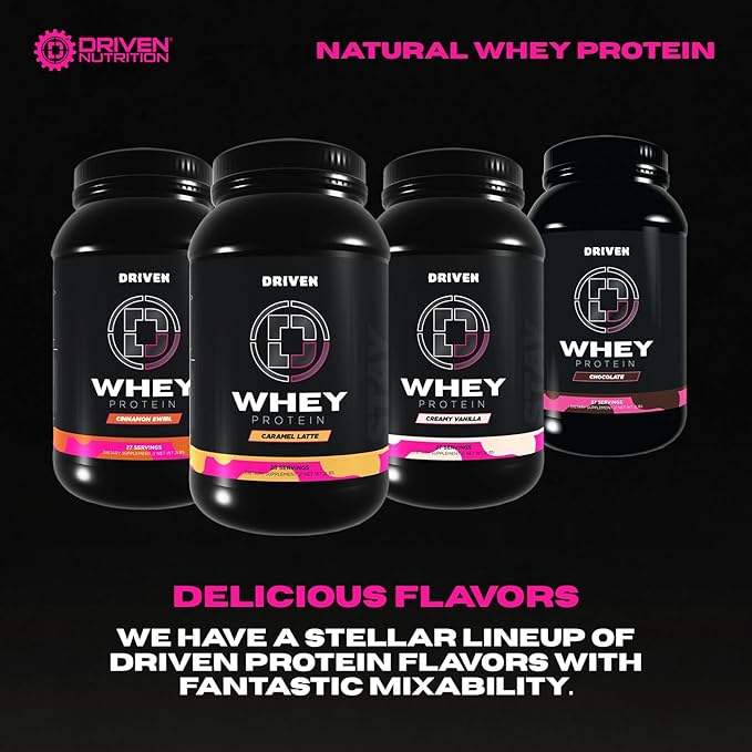Driven WHEY- Grass Fed Whey Protein Powder: Delicious, Clean Protein Shake- Improve Muscle Recovery with 23 Grams of Protein with Added BCAA and Digestive Enzymes (2 lb, Caramel Latte)