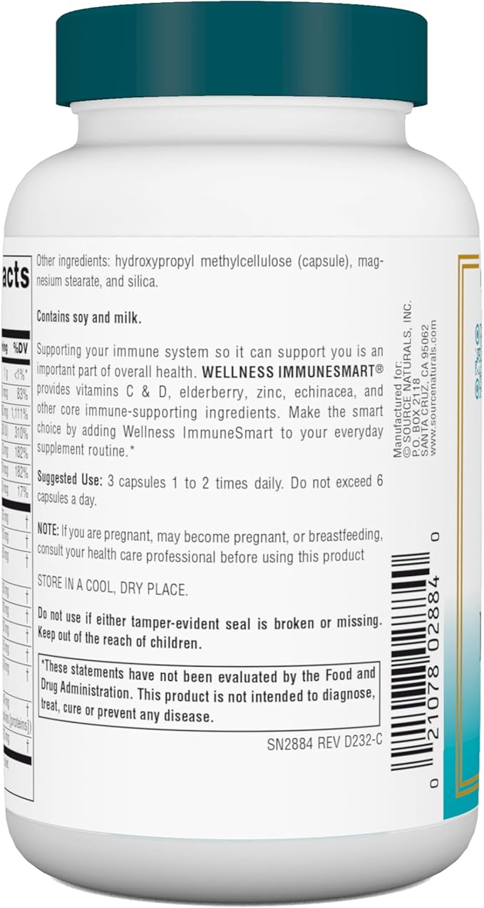 Source Naturals Wellness ImmuneSmart - for Core Daily Immune Support*, with Vitamins A, C, and D, Zinc, Elderberry, Echinacea, Andrographis, Turkey Tail and Garlic - 90 Capsules