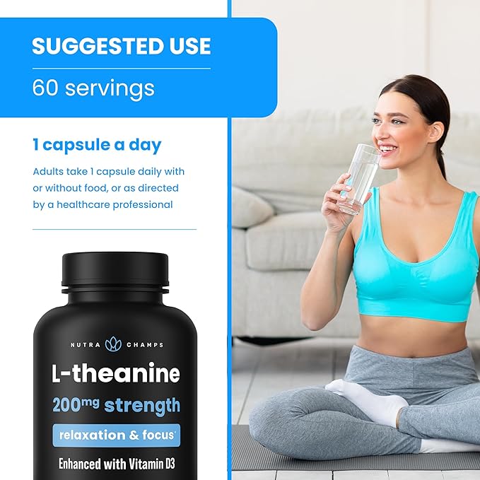 NutraChamps L-Theanine 200mg Capsules | Double-Strength L-Theanine Liquid with Vitamin D3, Organic Coconut Oil | Supports Mood, Focus, Stress Relief | L-Theanine for Kids & Adults | 60 Vegan Capsules