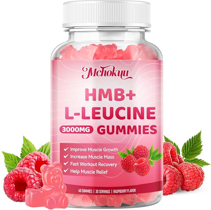 HMB and Leucine Gummies 3000mg, Leucine Amino Acid HMB Supplements for Men & Women for Muscle Growth, Muscle Relief and Workout Recovery, Sugar Free Vegan Non-GMO, Raspberry Flavor, 60 Count