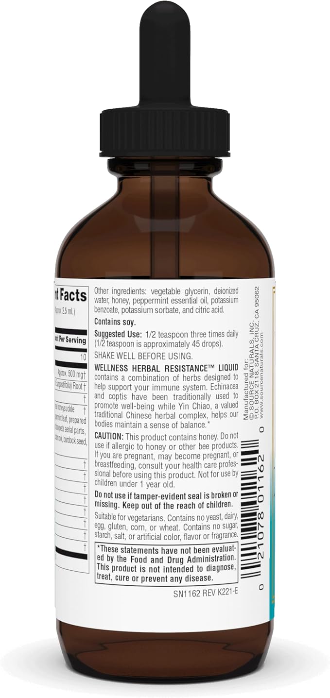 Source Naturals Wellness Herbal Resistance Liquid with Echinacea, Coptis, and Yin Chiao, Immune Support* - Alcohol Free - 4 Fliud Oz