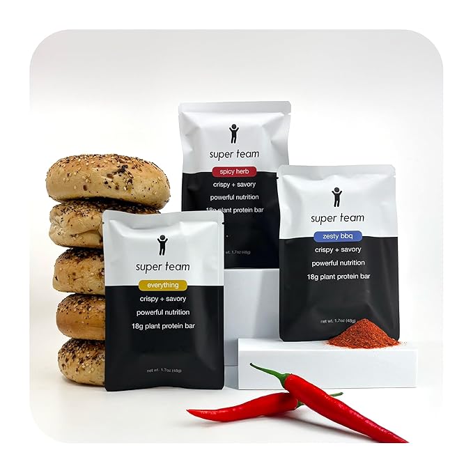 Super Team Savory + Crispy Protein Bars - Combo Pack - 12-Count Snack Bars - High Protein (18g), High Fiber (7g), Low Sugar (1g) - Gluten Free, Nut Free, Soy Free, Vegan Plant Based Meal Replacement