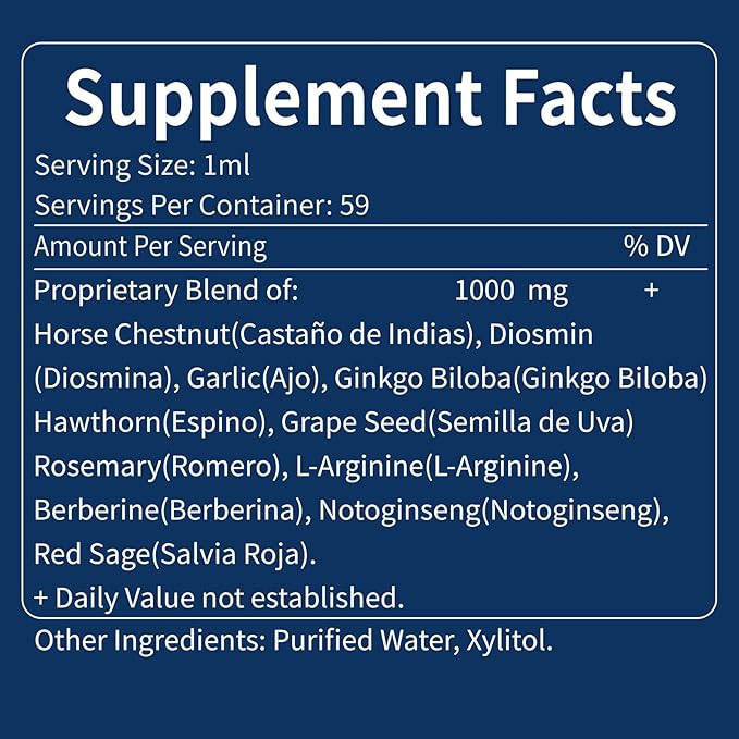 Blood Circulation Drops, Nitric Oxide Supplement for Blood Flow, Pressure & Heart Health W/Horse Chestnut Extract Liquid. Castaño de Indias y Diosmina para la Circulacion y Varices. 4 oz