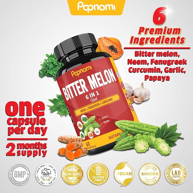 Organic Bitter Melon Extract Capsules - 60 Pills 2 Month - Combined Neem, Fenugreek, Curcumin, Garlic & Papaya