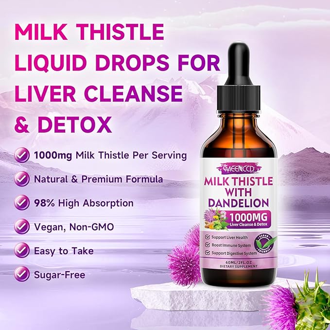 Milk Thistle Liquid Drops - Liver Cleanse Detox & Repair - 1000mg Milk Thistle Supplement for Liver Support, Silymarin Liver Supplement for Liver Health, Vegan, Non-GMO, 2 Fl Oz