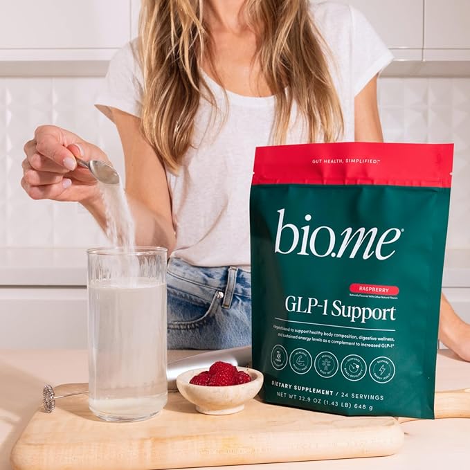 GLP-1 Support – Multi-Benefit GLP-1 Powder for Weight Management & Digestive Health – Sustain Energy Levels - Fiber, Collagen Peptides, B Vitamins, & Digestive Enzymes – 24 Servings (Raspberry)