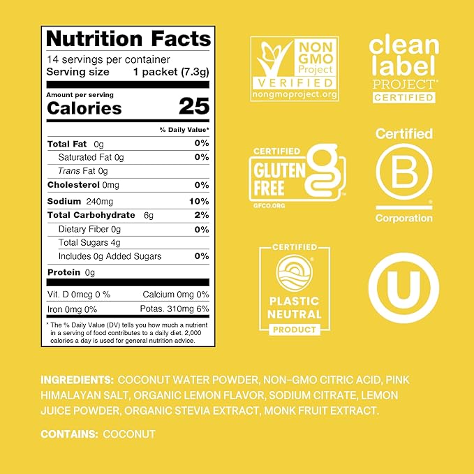 Cure Hydration | Plant-Based Electrolyte Drink Mix | No Added Sugar | FSA & HSA | Dehydration Relief Powder Made with Coconut Water | Non-GMO | Vegan | Pouch of 14 Packets - Lemonade