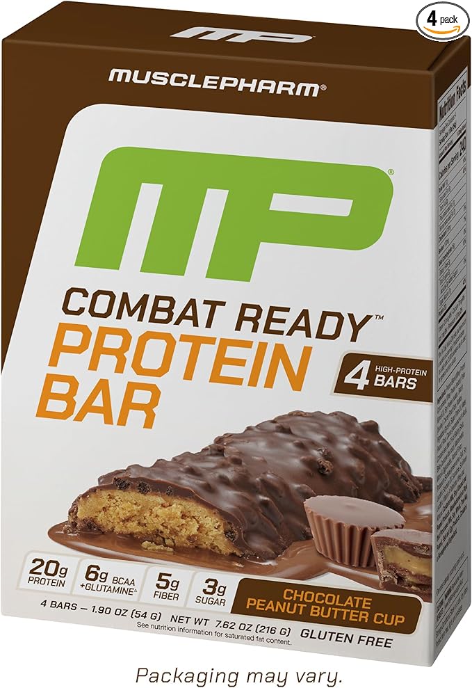 MusclePharm Combat Ready Chocolate Peanut Butter Cup, High Protein Bars, Combat Cravings, Fuel Performance & Meet Energy Demands, 20g Protein from Whey Protein, 5g Fiber, Gluten Free, 4 Bars