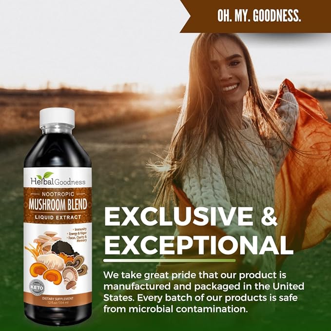 Nootropic Mushrooms, Lions Mane, Lion's Mane Mushroom Supplement, Mental Clarity and Focus Supplements, Immune Support, Mushroom Blend Extract, Lion Mane Mushroom Supplement - Herbal Goodness 12oz