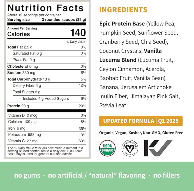 Sprout Living Epic Protein, Plant Based Protein & Superfoods Powder, Vanilla Lucuma Powder | 20 Grams Organic Protein Powder, Vegan, Non Dairy, Non-GMO, Gluten Free, Low Sugar (1 Pound, 12 Servings)
