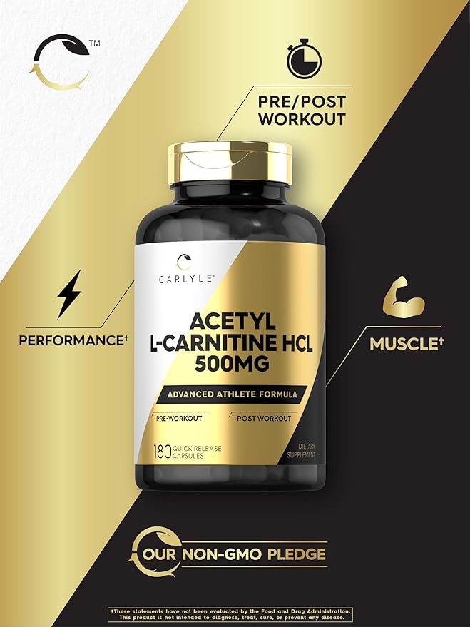Carlyle Acetyl L-Carnitine HCL Supplement | 500mg Capsules | 180 Count | Advanced Athlete Formula | Non-GMO & Gluten Free
