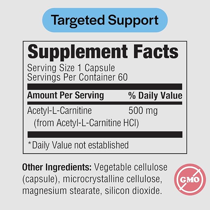 PureFormulas Acetyl L-Carnitine Cognitive & Memory Support L Carnitine Supplement for Brain, Focus, & Calmness Alcar, 500mg Dairy Free Non-GMO 60 Capsules