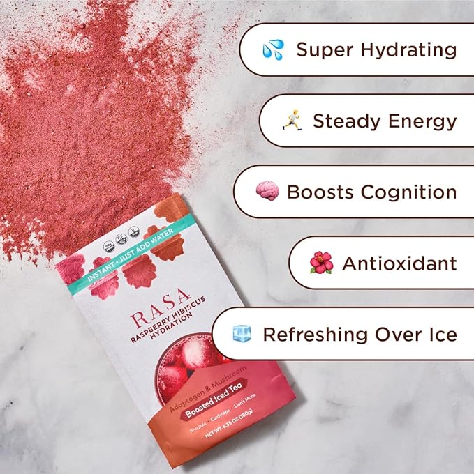 Rasa Raspberry Hibiscus Hydration | Organic Boosted Iced Tea with Adaptogens and Mushrooms | Gluten-Free, Premium Electrolyte Powder Drink Mix, Refreshing Hydration (6 oz / 24 Servings)
