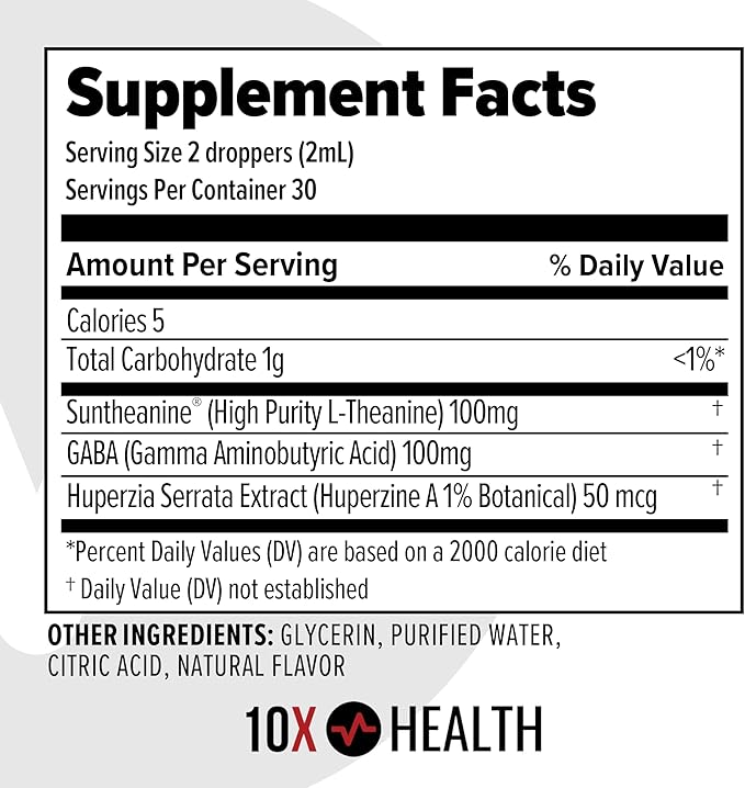10X Health Calm GABA L-theanine Supplement Liquid Drops - 100mg L Theanine Drops & 100mg GABA Supplements to Support Nerves, Calm & Stress - Natural Flavor 2.03 Fl oz.