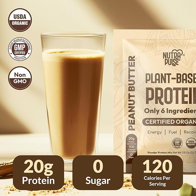 Organic Vegan Protein Powder Sample Pack – Plant-Based, Gluten-Free, Non-GMO, Dairy-Free, 32g Protein, Low-Carb, Keto-Friendly, Best for Smoothies & Shakes (Peanut Butter, 24 Pack)