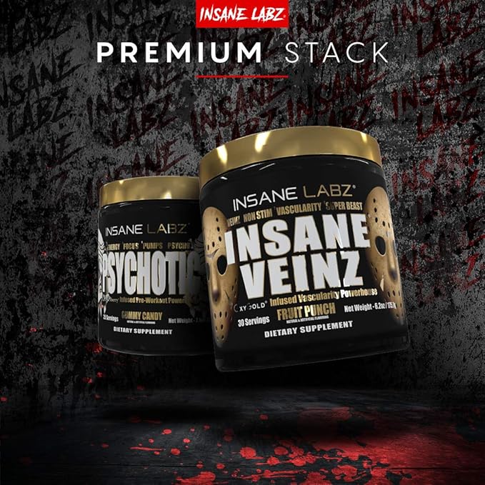 Insane Labz Insane Veinz Gold, Nitric Oxide Non Stimulant pre Workout Powder, Loaded with Hydromax, Nitrosigine, Increases Vascularity and Blood Flow, 30 Srvgs, Fruit Punch