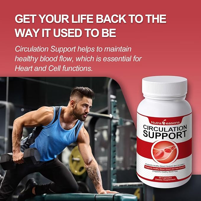 Circulation Support, 7-in-1 Blood Pressure Support w/VIT C, E, K2, Ginko Bilboa, Garlic, L-Arginine, Nattokinase, Energy, Heart Health, Muscle Growth, Healthy Veins & Vessels, 60 Count