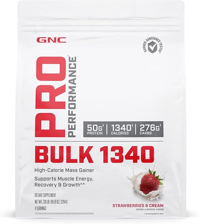 GNC Pro Performance Bulk 1340 Mass Gainer Protein Powder, 50g, Gluten Free, Whey, Creatine, BCAA, 3rd Party Tested, Muscle Recovery & Growth, Micronutrients, Strawberries and Cream, 9 Servings