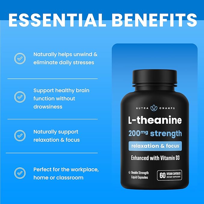 NutraChamps L-Theanine 200mg Capsules | Double-Strength L-Theanine Liquid with Vitamin D3, Organic Coconut Oil | Supports Mood, Focus, Stress Relief | L-Theanine for Kids & Adults | 60 Vegan Capsules