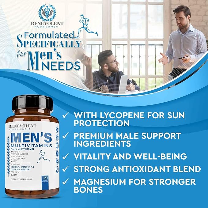 Benevolent Nourishment Multivitamin for Men - Supports Energy & Overall Health - Essential Daily Vitamins for Men, Biotin, Magnesium, Zinc & Antioxidant for Immune Health - Non-GMO,120 Caps